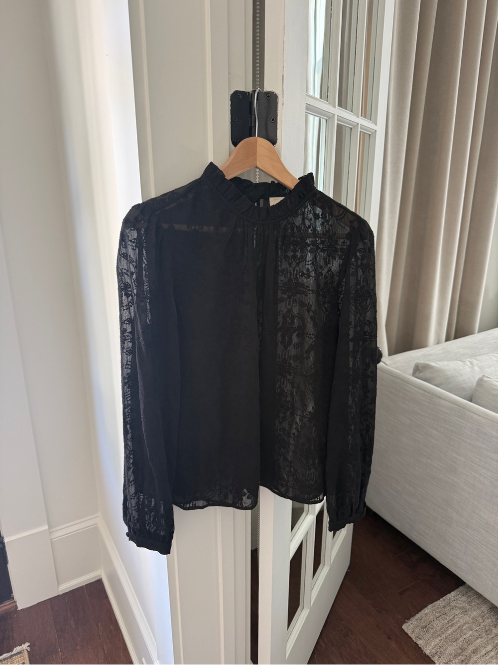 Sézane Valentine Blouse Black Lace Embroidered Ruffle Top Size 42 US 10